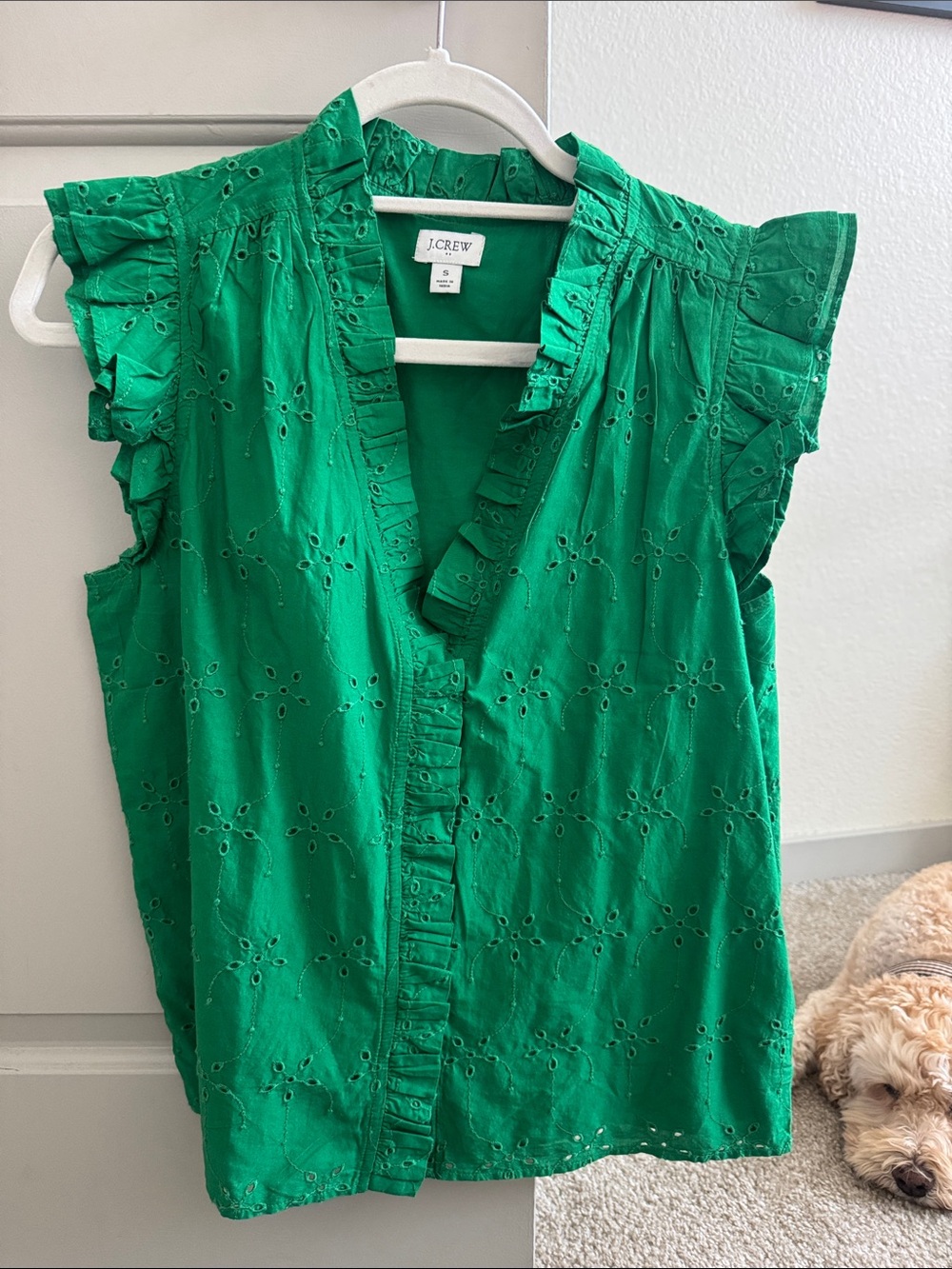 J. Crew Emerald Green Eyelet Ruffle Cap-Sleeve Blouse